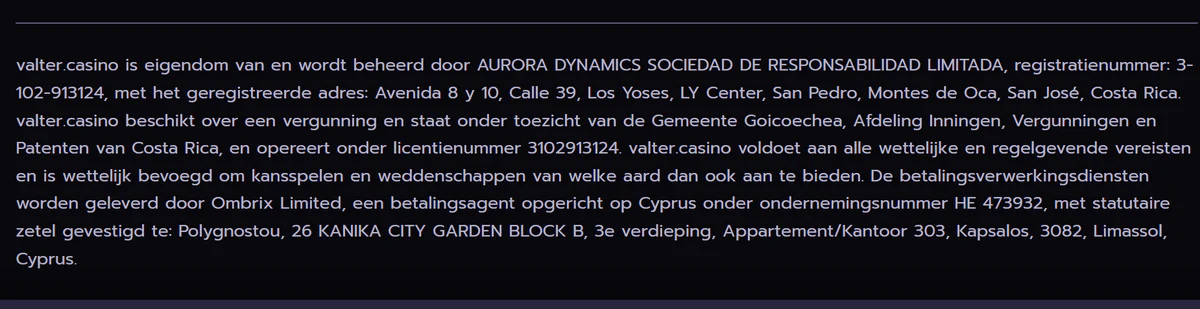 valtercasino casino operator